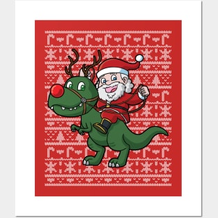 Santa Claus T Rex Ugly Christmas Sweater Posters and Art